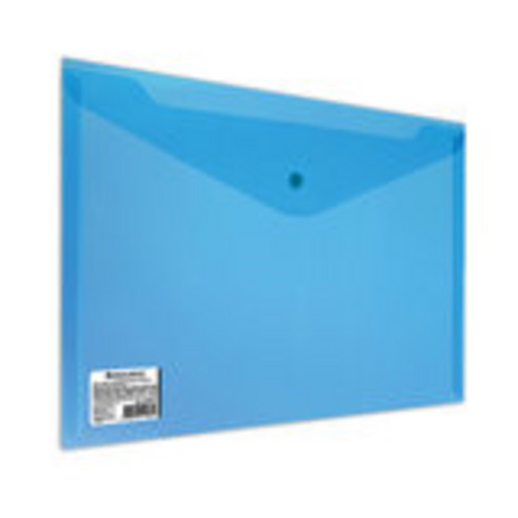 Папка-конверт с кнопкой BRAUBERG А4, прозрачная, ПЛОТНАЯ, синяя, до 100 листов, 0,18мм, 224813