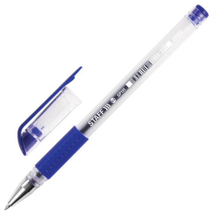 Ручка гелевая с грипом STAFF, СИНЯЯ, корпус прозрачный, узел 0,5 мм, линия письма 0,35 мм, GP168 141822
