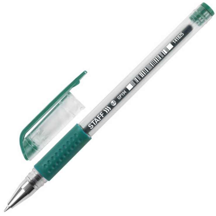 Ручка гелевая с грипом STAFF, ЗЕЛЕНАЯ, корпус прозрачный, узел 0,5 мм, линия письма 0,35 мм 141825